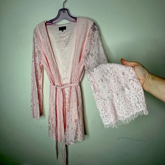 Marjorelle Pale Pink Lace Long Sleeve Tie Waist Kimono Wrap Mini Dress Robe M - Picture 4 of 12